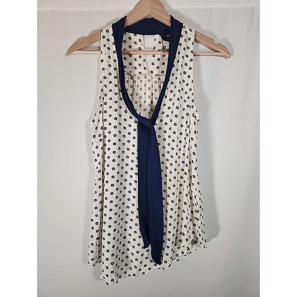Maeve By Anthropologie Madison Neck Tie Sleeveless Blouse Top White Blue Size 2